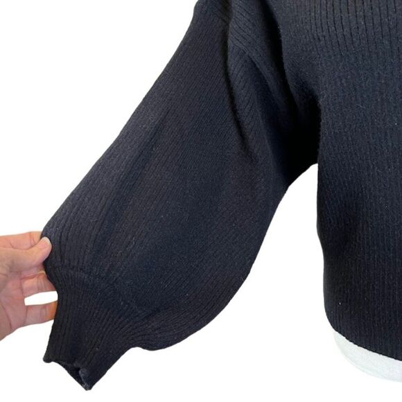 Line + Dot Wide High Neck Puff Sleeve Ribbed Knit Sweater Black Size Medium - Picture 3 of 7